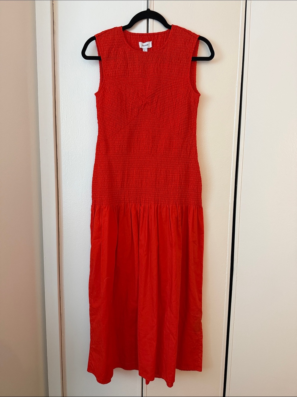 Reiss Annabel Smocked Drop Waist Cotton Bright Red Sleeveless Midi Dress - Picture 6 of 9